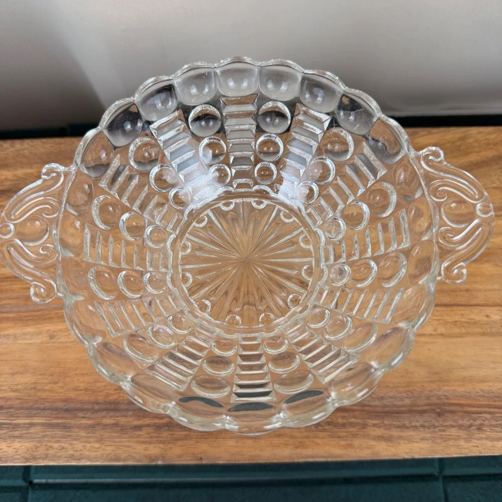 Anchor Hocking Bubble Ladder Clear Glass Serving Bowl Scrolled Handles Vintage